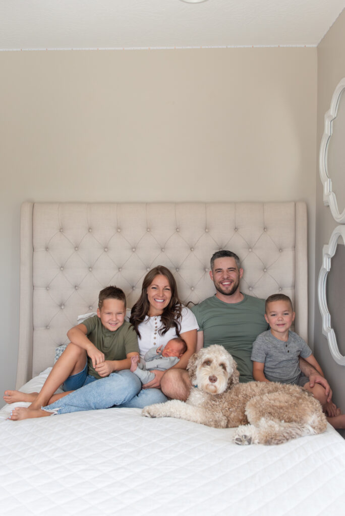 Family of 5 with cute family dog for newborn photos